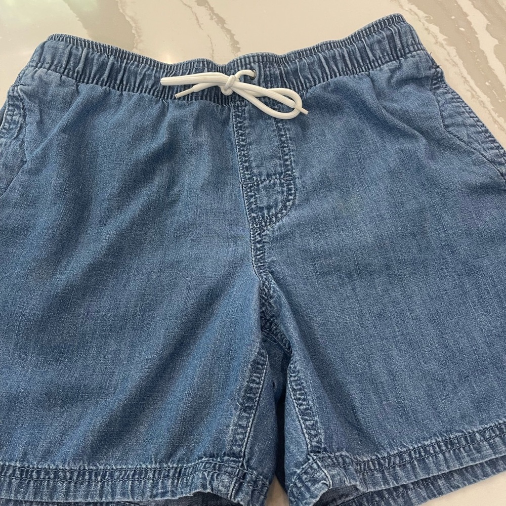 Pull on denim shorts with tie waist